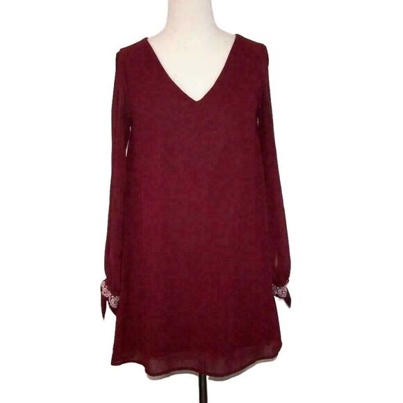 Miami Dress XS Cold Shoulder Long Tie Cuff Embroidered Sleeve Chiffon Burgundy - Picture 1 of 10